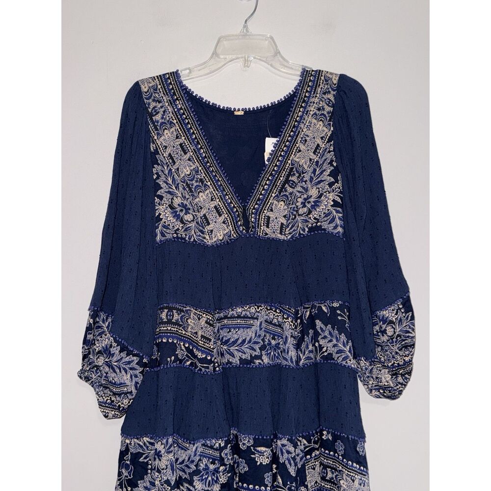 Free People My‎ Love Mini Dress Boho Hippie Balloon Sleeve Blue Floral Patch XS - Picture 6 of 16